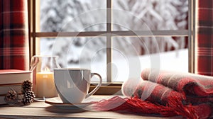 Cup of coffee sitting on window sill. Can be used to depict cozy morning or peaceful moment of