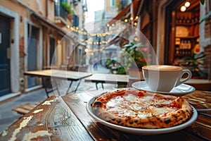 Cup of coffee and slice of pizza in outdoor cafe on street in old town