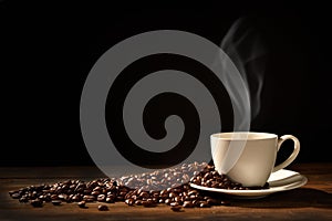 Cup of coffee with smoke and coffee beans