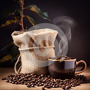 Cup of coffee with smoke and coffee beans in burlap sack