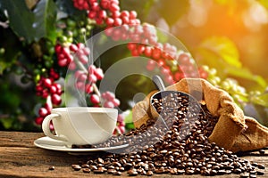 Cup of coffee with smoke and coffee beans in burlap sack on coffee tree background