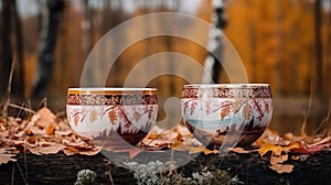 Cup of coffee with smoke and coffee beans in burlap sack on coffee tree background