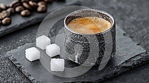 A cup of coffee and some sugar cubes on a slate board