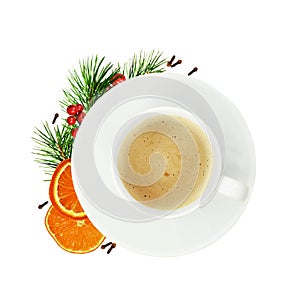 Cup of coffee and soucer with Christmas decorations isolated on white