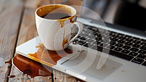 cup of coffee spilled on laptop