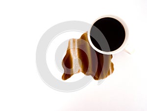 Cup of coffee spilt on white background, top view. For grunge advertisement design, copy space