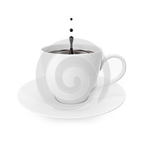 Cup coffee with splash drops isolated on white background.