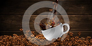 Cup of coffee with splash effect, coffee beans, transparent background. 3D vector. High detailed realistic illustration