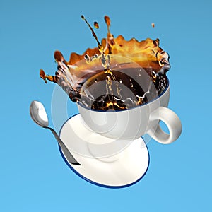 Cup and coffee splash isolated on blue background