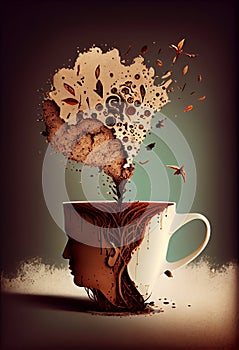 Cup of coffee with a splash like a brain tree, creative and innovative mind, explosion of ideas, brainstorming for solution