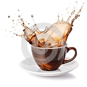 Cup of Coffee with a splash on a plain white background - product photography