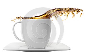 Cup of coffee with splashes, isolated on white