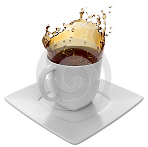 Cup of coffee with splashes, isolated on white