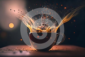 Cup of coffee with splashes and smoke on a dark background. Coffee splashing out of a cup on a dark background. 3d rendering.