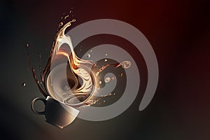 Cup of coffee with splashes and smoke on a dark background. Coffee splashing out of a cup on a dark background. 3d rendering.