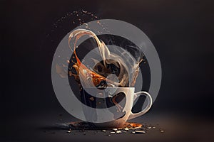 Cup of coffee with splashes and smoke on a dark background. Coffee splashing out of a cup on a dark background. 3d rendering.