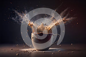 Cup of coffee with splashes and smoke on a dark background. Coffee splashing out of a cup on a dark background. 3d rendering.