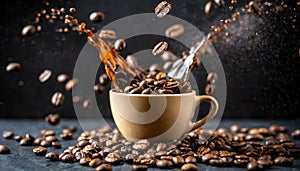 Cup of coffee splashing and coffee beans flying in the air on black background