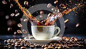 Cup of coffee splashing and coffee beans flying in the air on black background