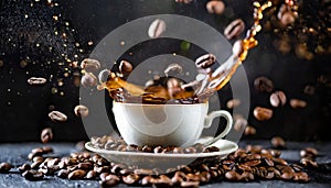 Cup of coffee splashing and coffee beans flying in the air on black background