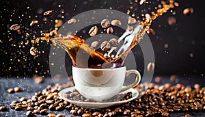 Cup of coffee splashing and coffee beans flying in the air on black background