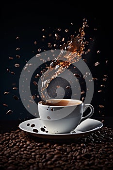 Cup of coffee splashing and coffee beans flying in the air on black background. AI generated