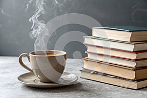 Cup of coffee near stack of books