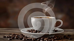 cup of coffee with steam and coffee beans