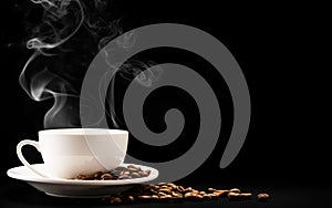 Cup coffee with steam and beans on a black background, a place for text