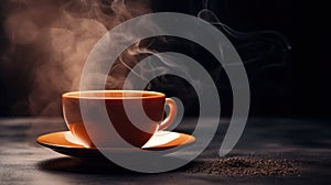 A cup of coffee with steam coming out from it on a table, AI