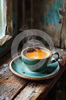 Cup of coffee with steam coming out on wooden table. Generative AI