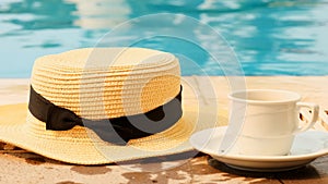 cup of coffee and a straw hat on the background of a swimming pool on a summer sunny day. Good morning concept and