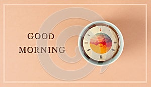 Cup of coffee with a sunset clock, good morning, hot caffeine drink for breakfast to wake up