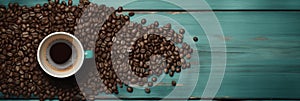 A cup of coffee surrounded by beans on a blue table, AI