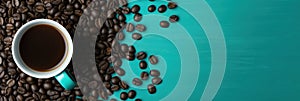A cup of coffee is surrounded by beans on a turquoise background, AI
