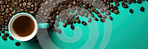 A cup of coffee surrounded by beans on a turquoise background, AI