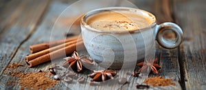 A Cup of Coffee Surrounded by Cinnamons and Star Anise