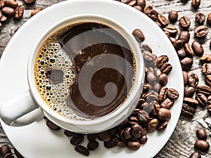 Cup of coffee surrounded by coffee beans. Top view.