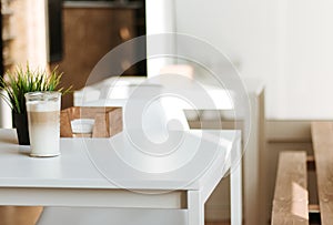 Cup of coffee on a table in a cafe, Cup of coffee in the interior