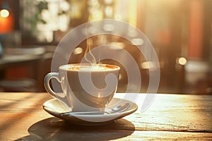 Cup of coffee on table in cafe, morning light.