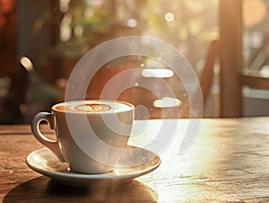 Cup of coffee on table in cafe, morning light.