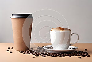 Cup of coffee on the table. Coffee cup mockup. isolated with coffee seeds, v16