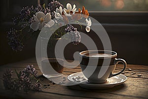 cup of a coffee on a table with flowers- ai