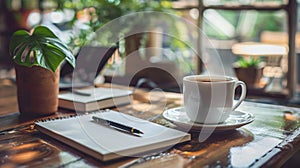 A cup of coffee on a table next to some notepads, AI