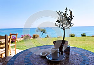 Cup of coffee on a table with olive tree