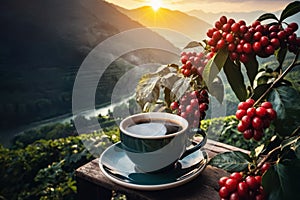 cup of coffee on table with red beans and plantations on sunrise