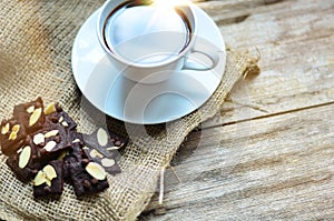 Cup of coffee and tasty cookies. Tea time and breakfast concept