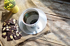 Cup of coffee and tasty cookies. Tea time and breakfast concept