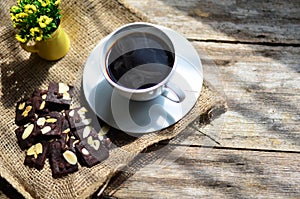 Cup of coffee and tasty cookies. Tea time and breakfast concept