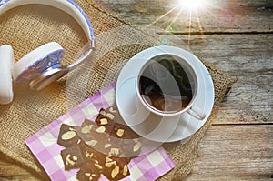 Cup of coffee and tasty cookies. Tea time and breakfast concept